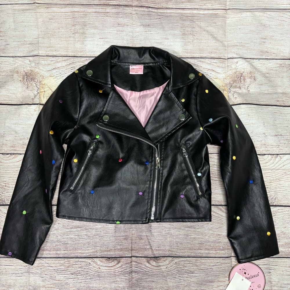 FAO Schwarz girls Black Moto Jacket with Asymmetrical Zipper faux leather size 8